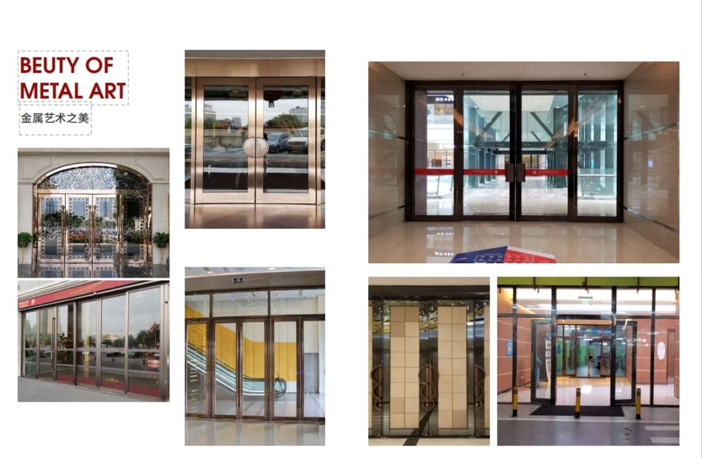 Custom stainless steel sliding glass door installed in modern office